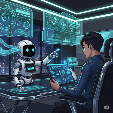 Imagen generada por IA. Persona leyendo whitepaper con un robot asistiendole